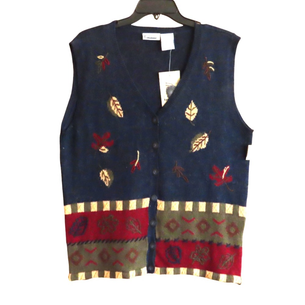NWT NOS VTG Capacity Sweater Vest Cardigan NAVY HEATHER Embroidered Leaves SZ XL